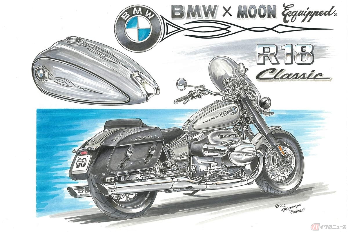 2021年、市販されたBMW最新モデルである“R18クラシック”をベースにスペシャル・ペイントを施した“BMW×ムーンアイズ”の完成予想図。イラストは日本のピンストライパーのパイオニア、“WILD MAN(ワイルドマン)”石井氏によるものです