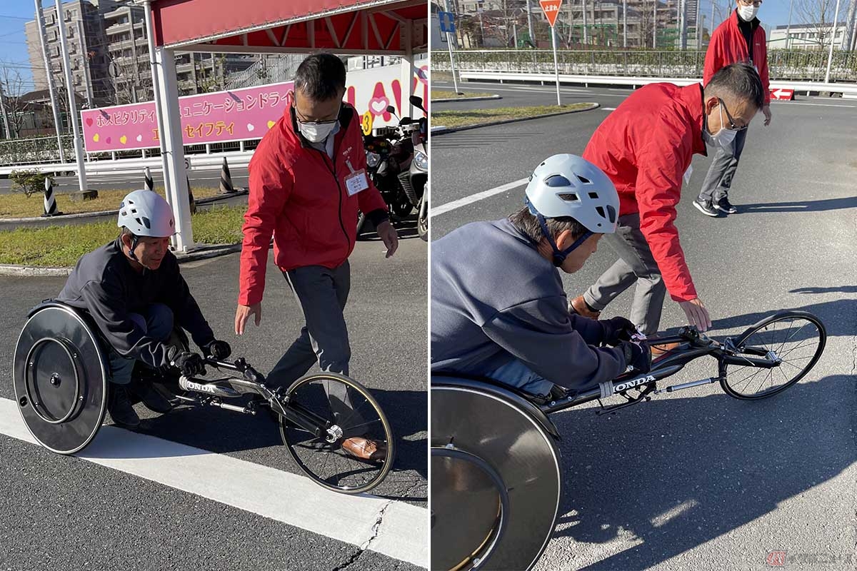 ホンダの「車いすレーサー」を体験する筆者(木下隆之/レーシングドライバー)