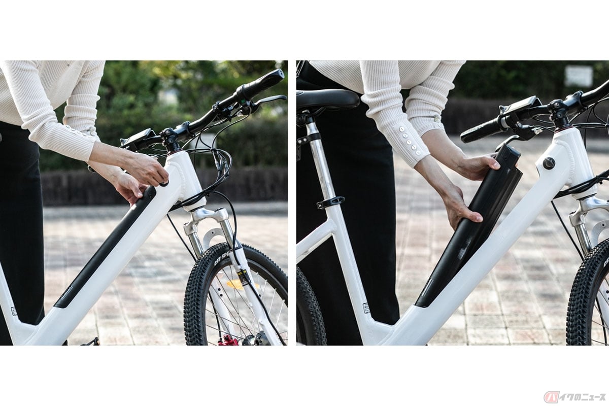 チェーンレス&ステップスルーの電動アシスト自転車「DETOUR」。フレームに収まる取り外し式のバッテリーを搭載しています