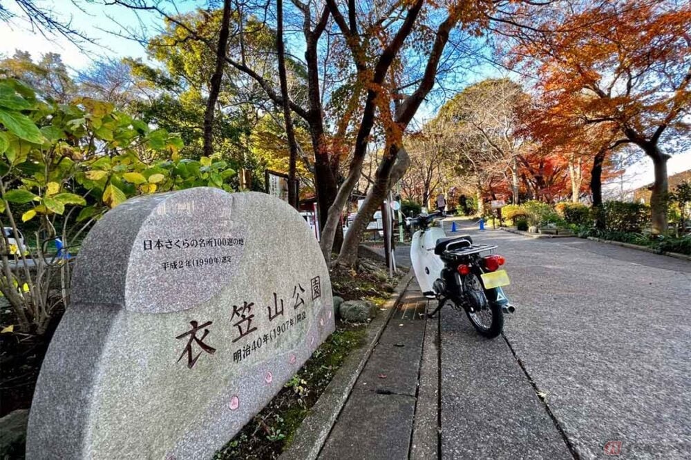 「衣笠山公園」の無料駐車場にバイクを停めてから散策へ。17時に施錠されるので注意が必要。冬の光を浴びながらゆっくりと散策を楽しむことができた