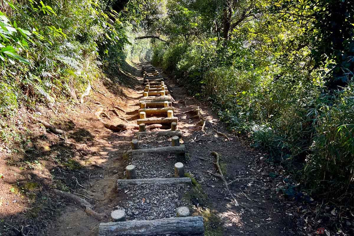 「衣笠山公園」のハイキングコースは、頂上の展望台を超えてからは急勾配が続く。谷（県道）を超えて「衣笠城址」まで、徒歩で片道30分ほどかかった