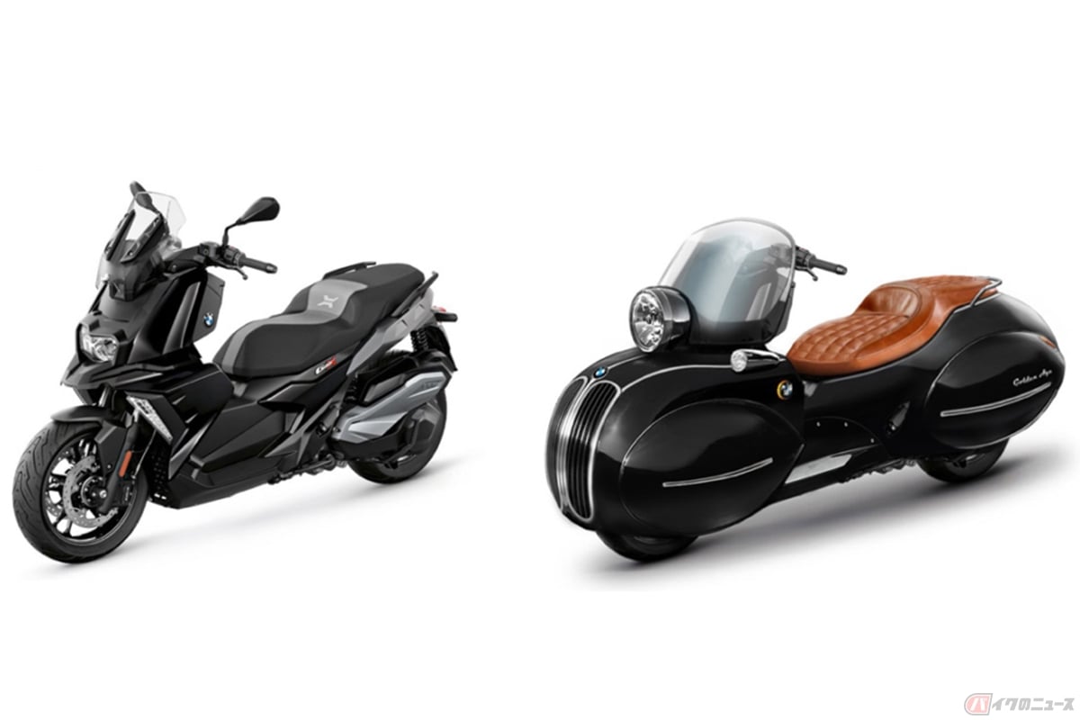 BMW Motorradのスクーター「C400X」(左)をベースにボルトオンでカスタムされたNMoto「Golden Age(ゴールデンエイジ)」(右)