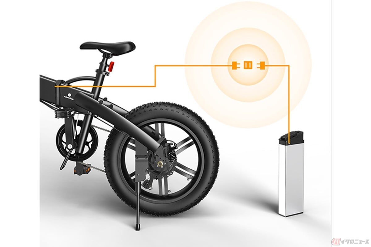 グラベル電動アシスト自転車「ADO A20F」。バッテリーを搭載したままでもバッテリー単体で充電を行うことができます