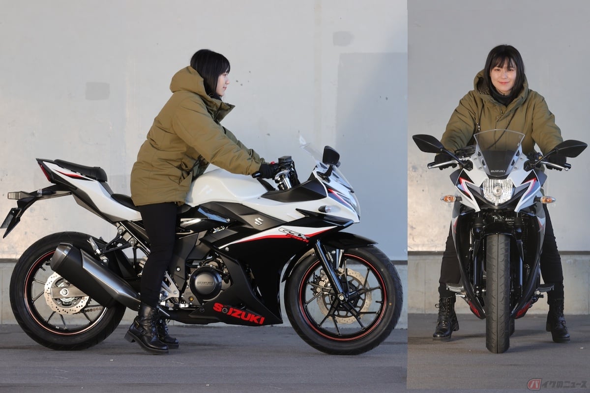 身長158cmの私がGSX250Rに跨ると、つま先ツンツン程度で足が体の真下ではなく少し後ろで着くような形でしか届かず少し不安