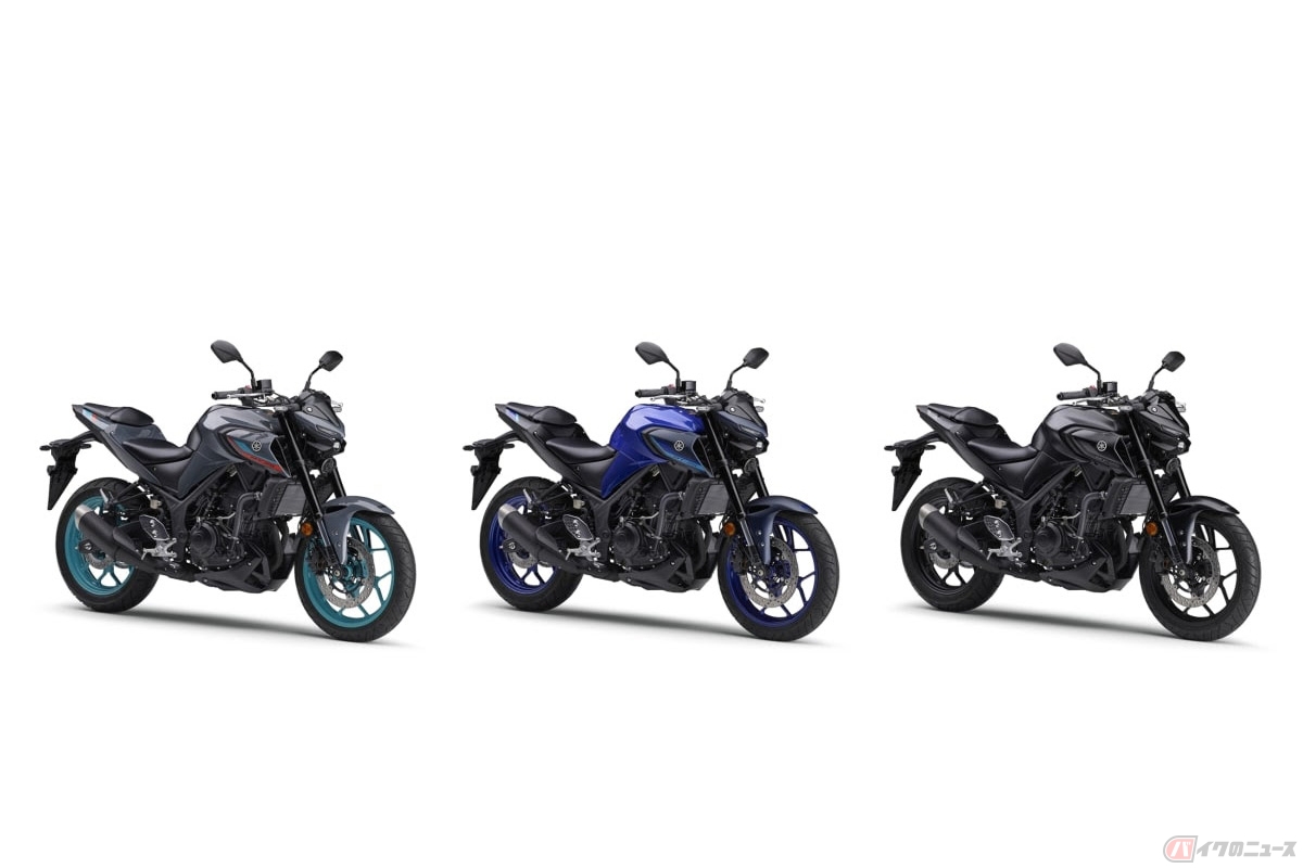 ヤマハ「MT-25 ABS」2022年モデル(左からグレー、ブルー、マットダークグレー)