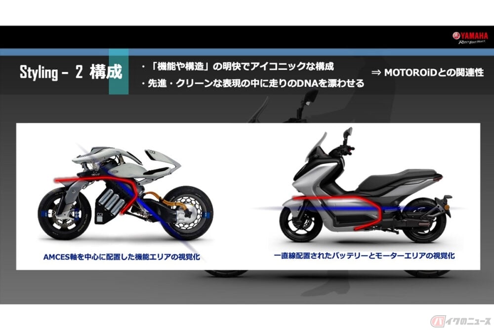 電動バイクのコンセプトモデル「MOTOROiD（モトロイド）」と関連性のあるデザインとされたヤマハ「E01」