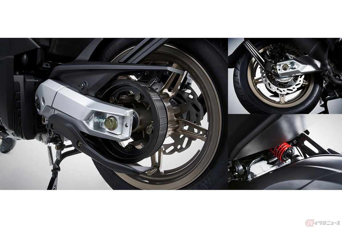キムコの最新スクーター「KRV180TCS」。「AK550」と同様の独立スイングアームを採用することで優れた走行性を実現しています