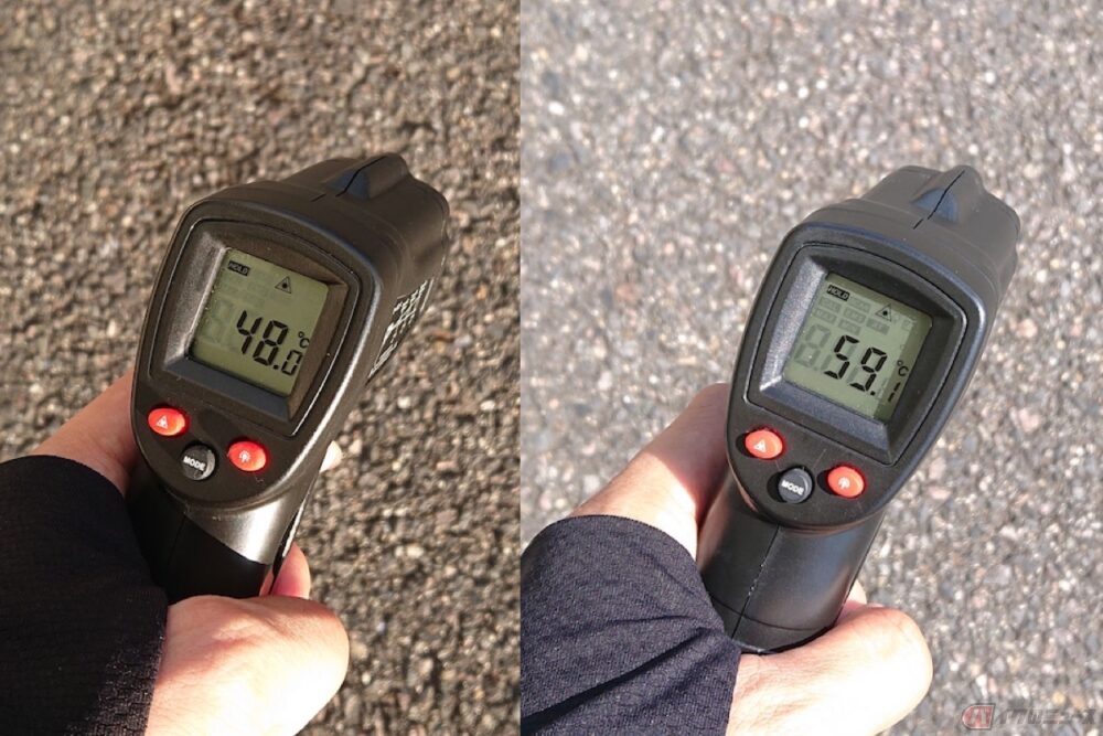 取材期間中、路面の温度を約1〜2時間ごとに測定もしていました
