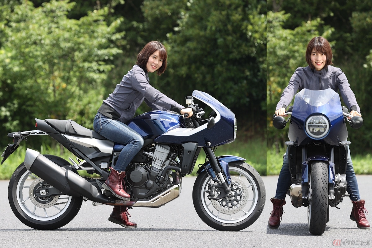 シート高は820mmで、私(=身長160cm)が跨るとこんな感じです。両足ならぎりぎりつま先、片足だとバランスを取って支えられます