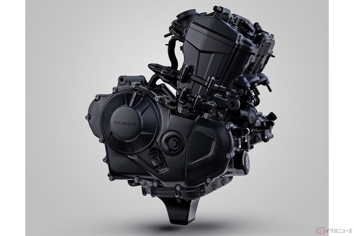 ホンダ「ホーネット」に搭載予定の新開発エンジン。排気量は755ccで、型式は並列2気筒8バルブユニカムを採用しています