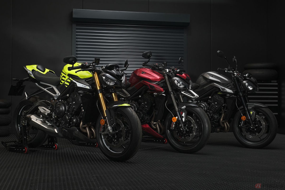 トライアンフ「ストリートトリプル765」ファミリー新型モデル。左からMoto2 Edition、RS、R