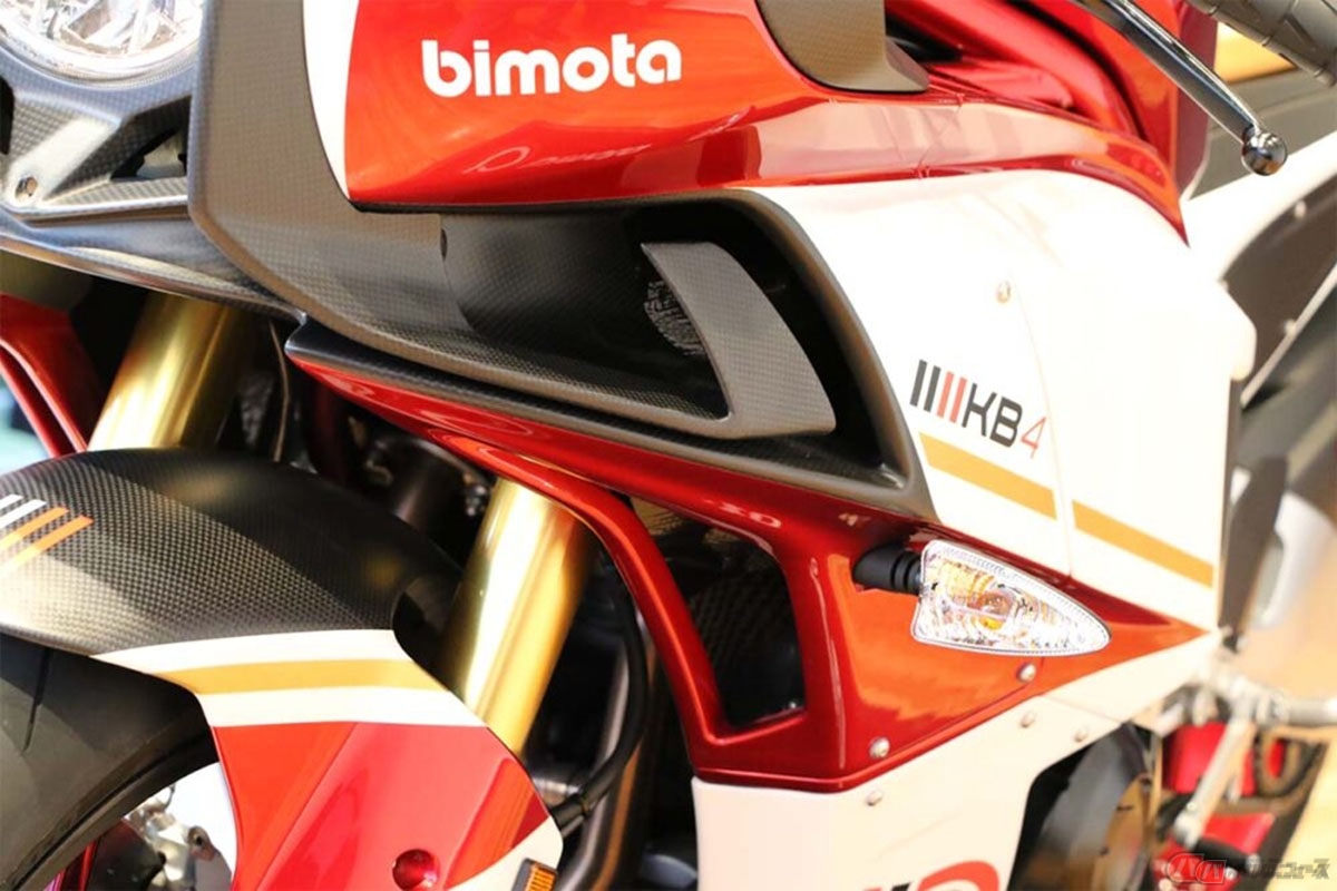 カワサキ製エンジンを搭載したビモータ「KB4」。リアラジエーターへとつながるダクトを備えるなど、独自の構造が与えられています
