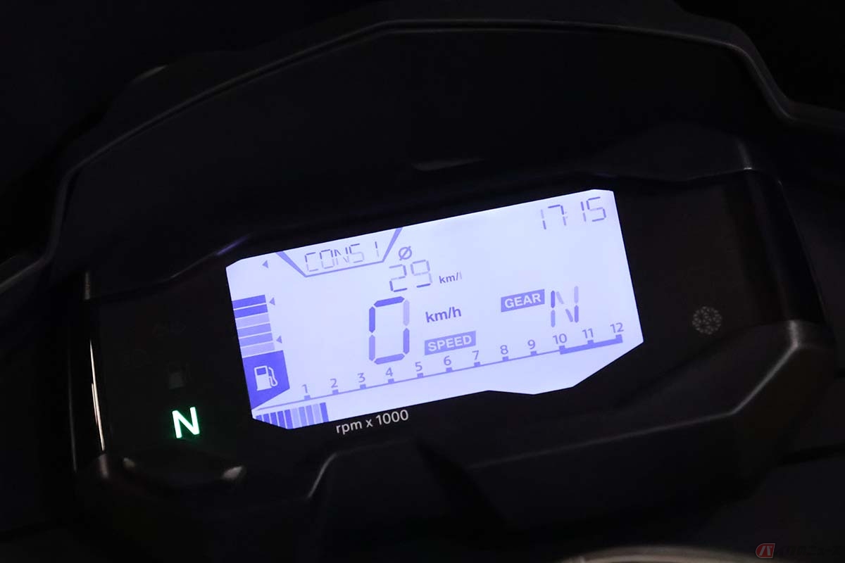 燃費計測はあいまいな「満タン法」ではなく、車載のトリップメーターと平均燃費計を利用。「G310GS」の平均燃費計は小数点以下の表示が無い