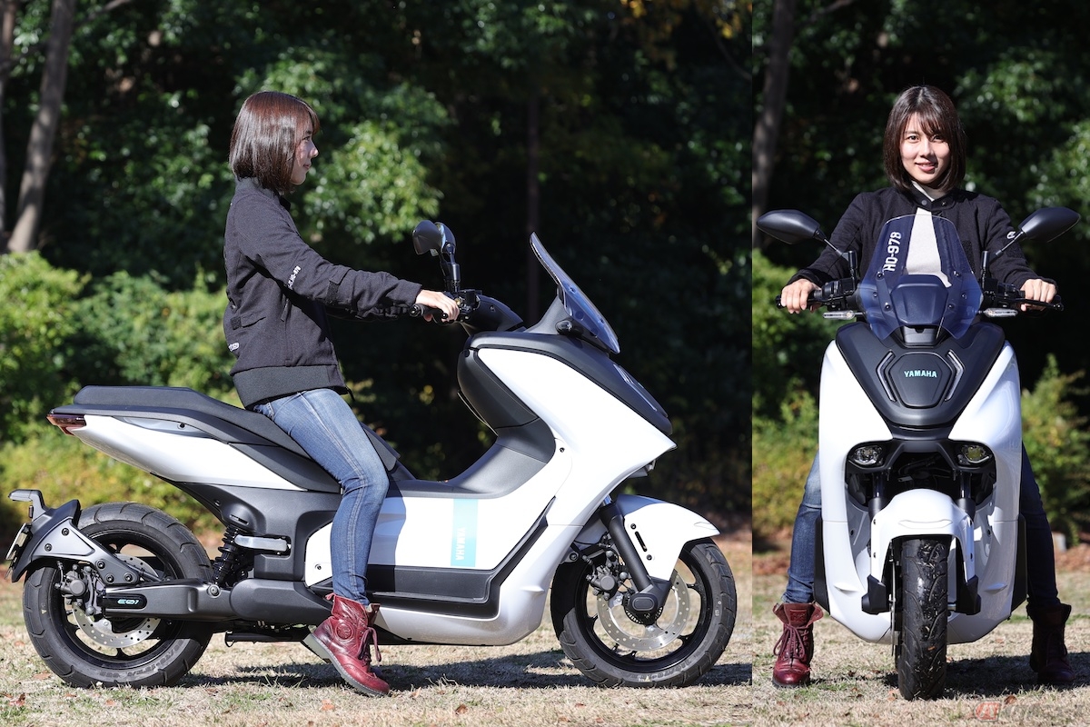 E01のシート高は755mm、身長160cmの私がまたがると両足だとつま先がつく程度です