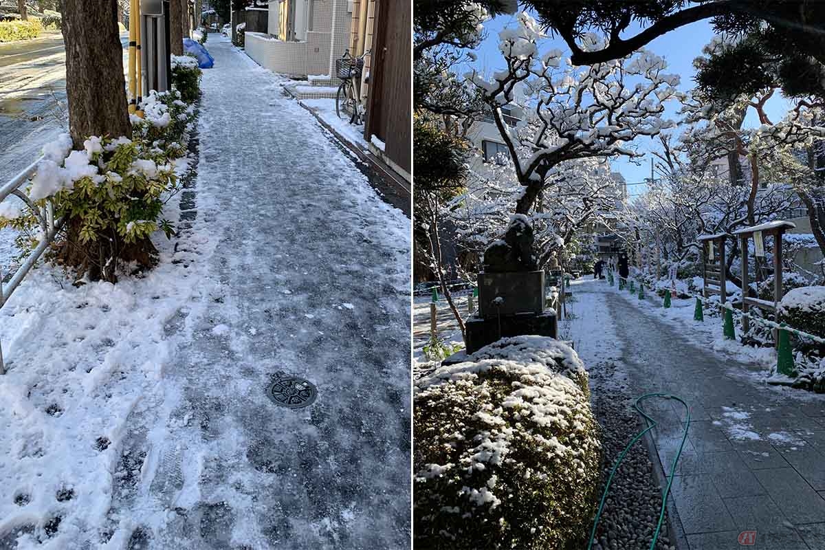 東京都内は大寒波の影響で自宅周辺の道路もご覧の有様。バイクで遠距離を走るにはルート設定を考え直す必要がある