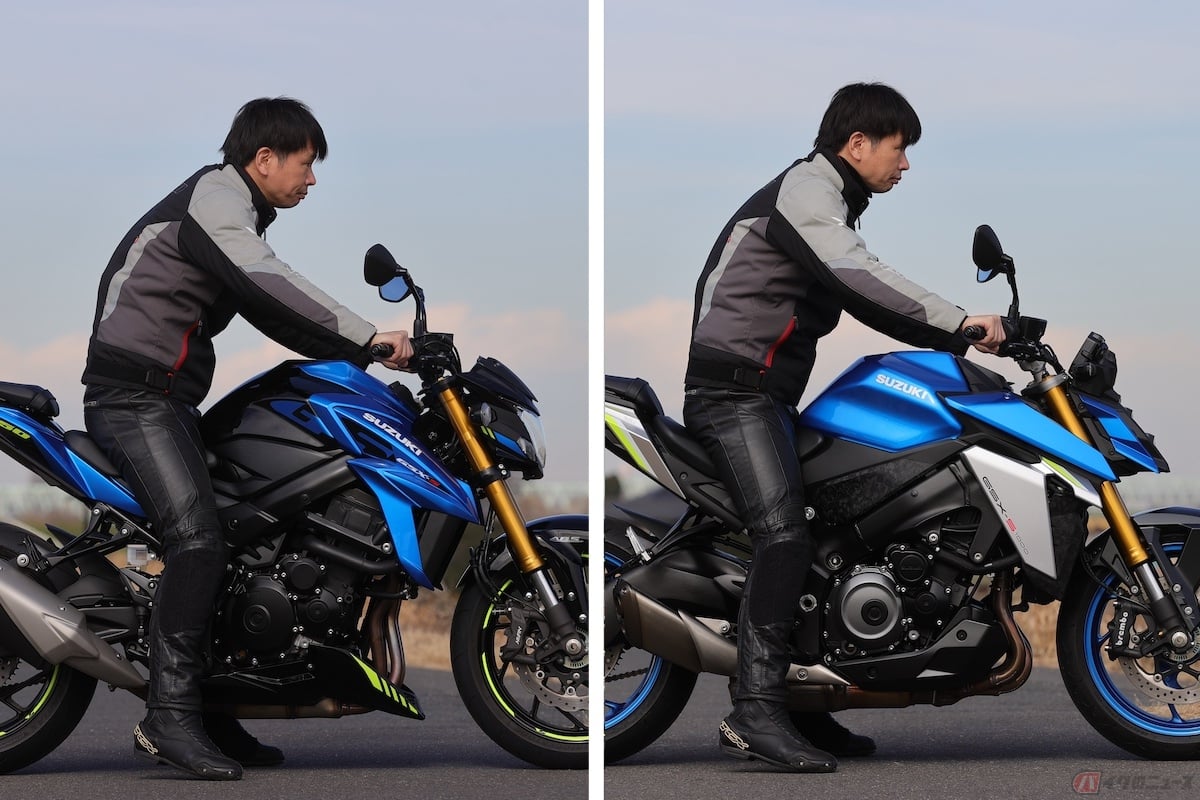 「左:GSX-S750右:GSX-R1000」両車ともに身長175cmの筆者が両足を地面におろすとカカトがわずかに浮きます