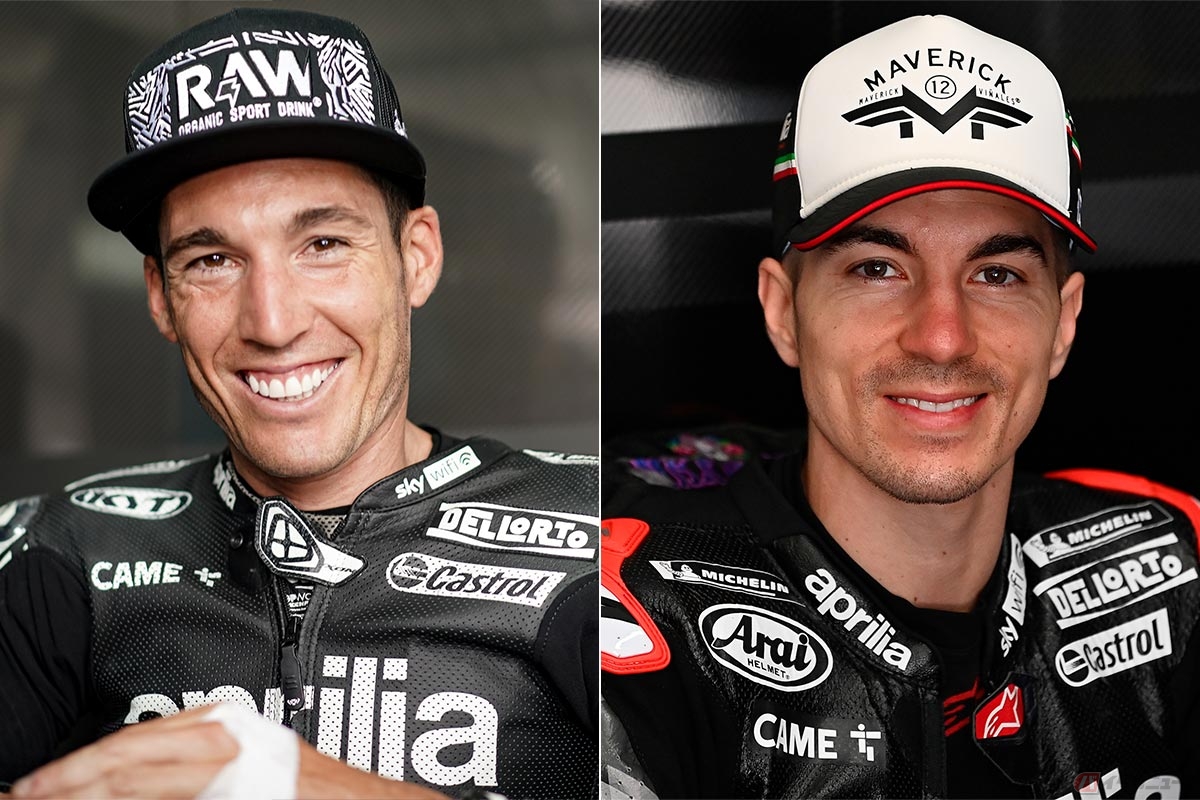 左：アレイシ・エスパルガロ選手（1989年7月30日生まれ。スペイン。MotoGPクラス参戦通算12年目のベテラン）／右：マーベリック・ビニャーレス選手（1995.1.12生まれ／スペイン。2017年、2019年にはヤマハでランキング3位を獲得）