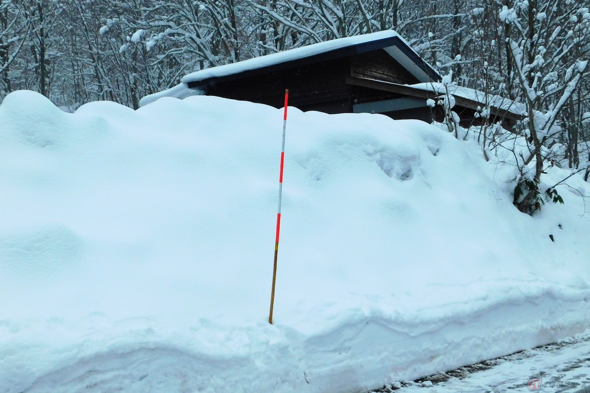 道路脇に立てられた赤と白のゼブラ柄をした棒状の「スノーポール」