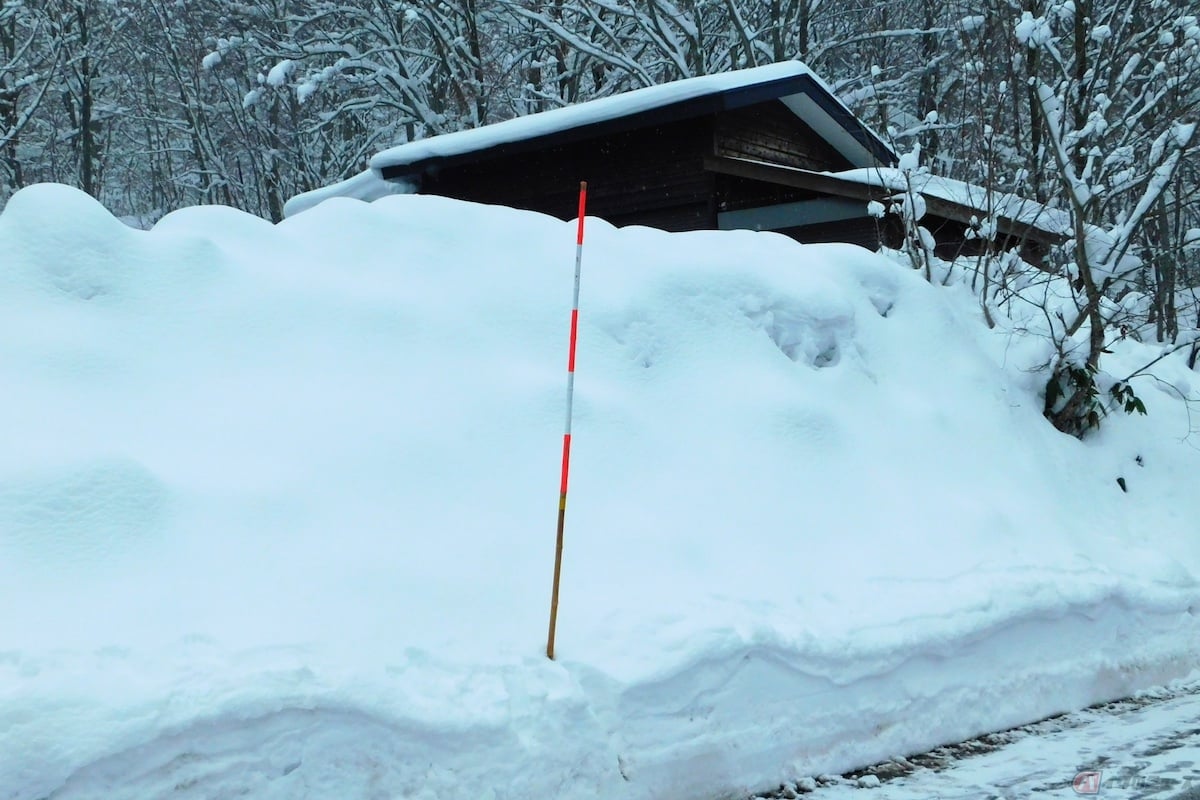 道路脇に立てられた赤と白のゼブラ柄をした棒状の「スノーポール」