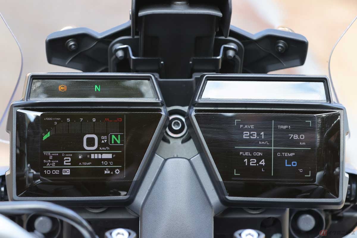 3.5インチのフルカラーTFTメーターを左右に配置。左がメイン、右が各種情報のうち4種を選んで拡大表示させるもの