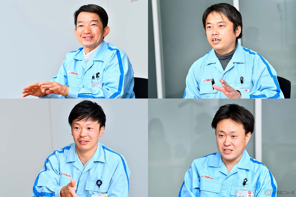 プロジェクトリーダーの上村正毅さん(上左)、エンジンテスト担当の福岡直樹さん(上右)、ボディ実験担当の尾崎友哉さん(下左)、ボディの信頼性担当の佐藤祐太さん(下右)
