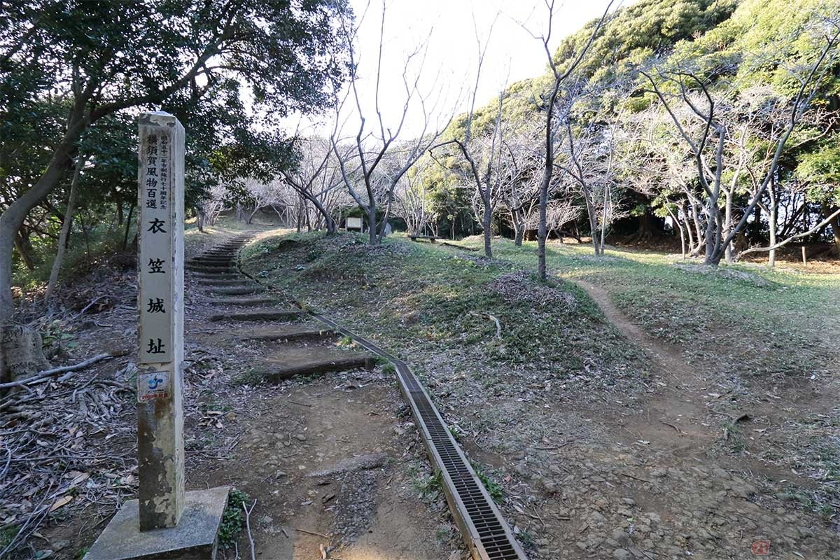 NHK大河ドラマ『鎌倉殿の13人』の舞台のひとつである「衣笠城」の跡。平安後期から鎌倉時代にかけては三浦の中心地だった山城。石碑や遺構が残されている