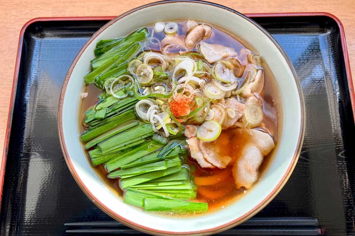 ニラの緑色が鮮やかに映える「美野里PA」の「肉うどん」(880円)は、ニラのシャキシャキ感も残っていて風味もGOOD