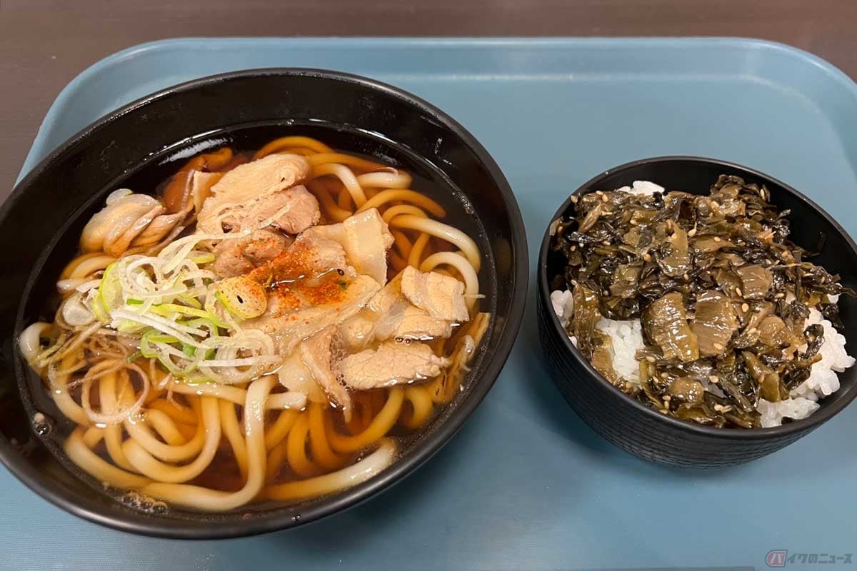 東名高速「中井PA」(上り)でいただく「豚肉うどん 高菜ご飯セット」(850円)は、豚肉入りの温うどんと、高菜たっぷりのご飯がセット。見た目で味が想像でる和食セットであり、そばもうどんも安定の美味しさで安心できる
