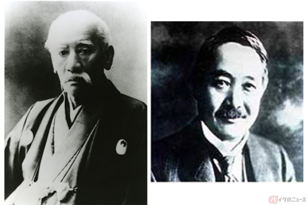 創業者の川崎正蔵（左）と初代社長の松方幸次郎（右）