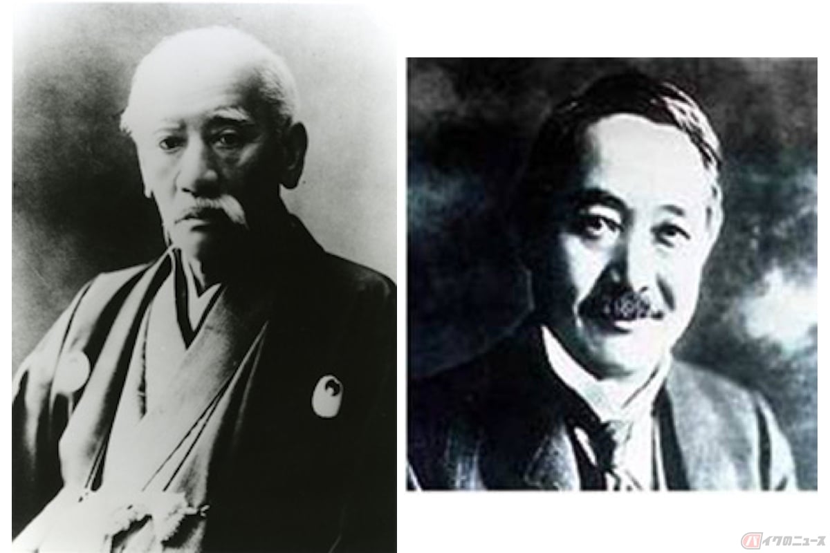 創業者の川崎正蔵(左)と初代社長の松方幸次郎(右)