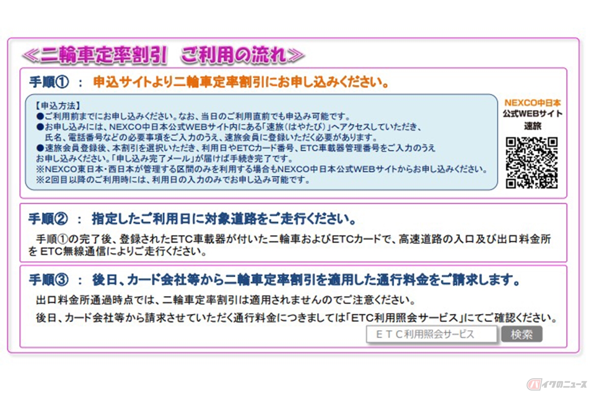 「二輪車定率割引」利用の流れ