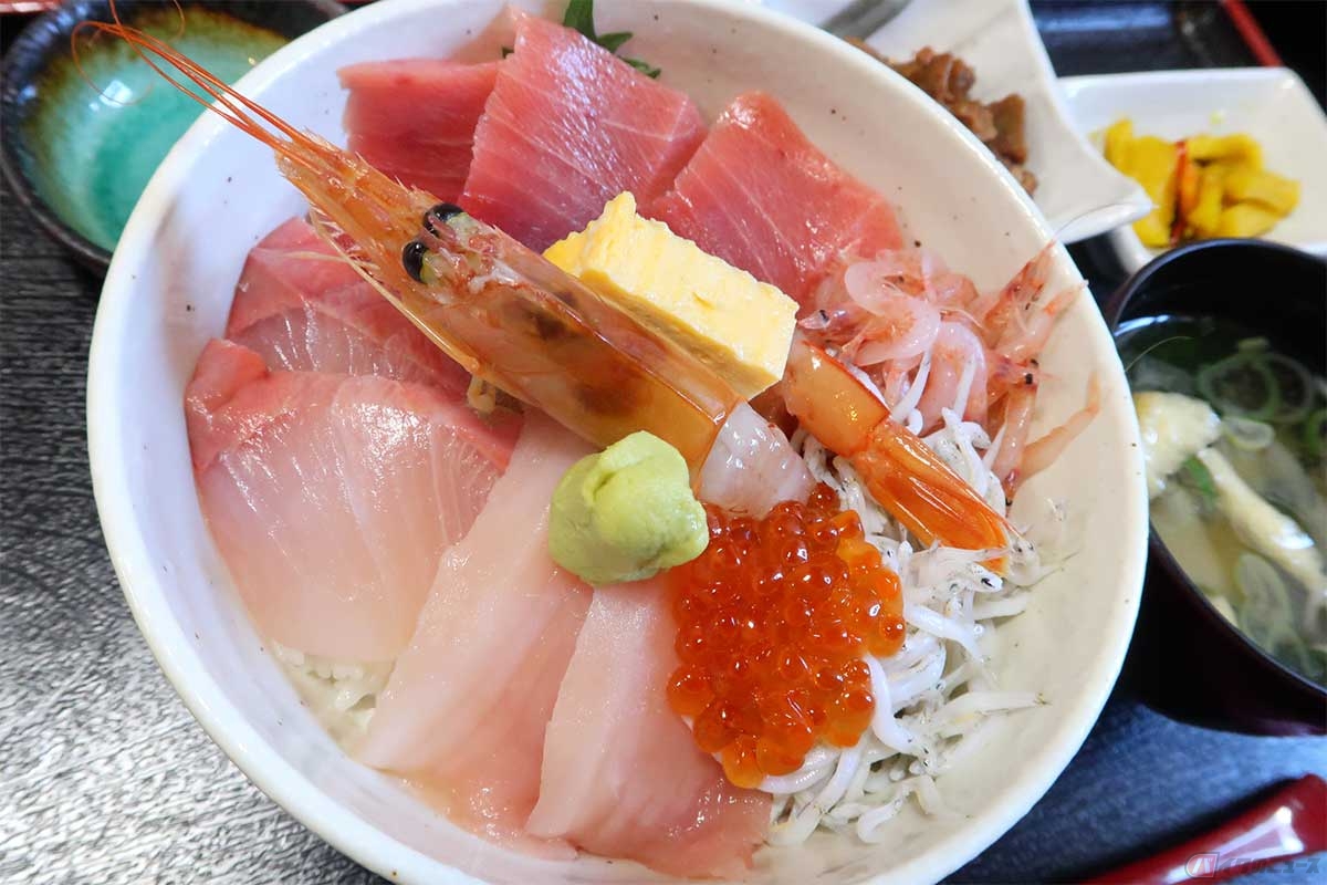彩りも鮮やかな「海鮮丼」には、三崎直送のマグロを始め、カンパチ、海老、いくら、しらすと、季節限定の桜海老が盛り付けられる