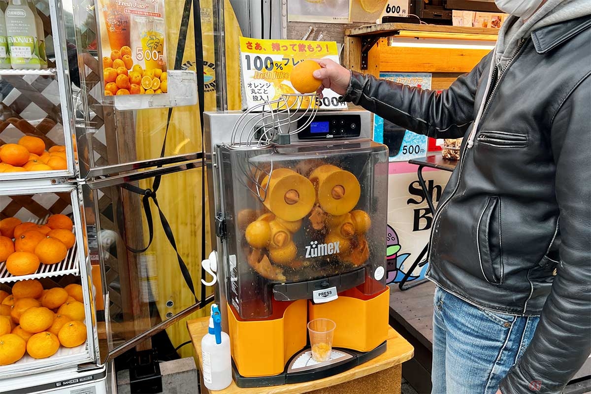 建物を出て、スタンドタイプの店でフレッシュジュースを発見。氷の入ったカップを購入し、横の冷蔵庫から好きな柑橘類を選んでスクイーザーに入れて絞る