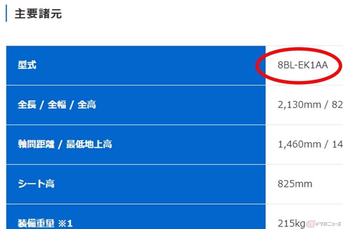 例)スズキのメーカーHPに掲載されている「KATANA」のスペック表。最初に記載される「型式」