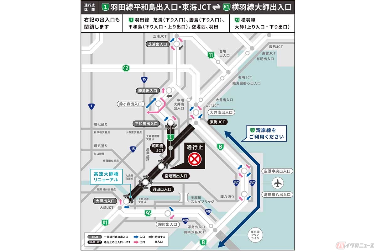 「高速大師橋」架け替え工事にともなう通行止め区間