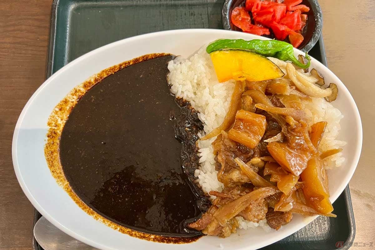 山陽道「三木SA」(下り)の「ぼっかけ黒カレー」(950円)は、コクの深い黒カレーと、ライスの上に盛られたぼっかけ、素揚げの野菜を合わせたカレーライス。様々な味を一度に楽しむことができた