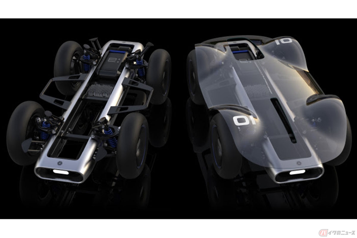 ヤマハが開発中の1~2人乗りパーソナル低速モビリティの汎用プラットフォーム「YAMAHA MOTOR PLATFORM CONCEPT」(研究開発モデル)。着脱式バッテリーが搭載されています。