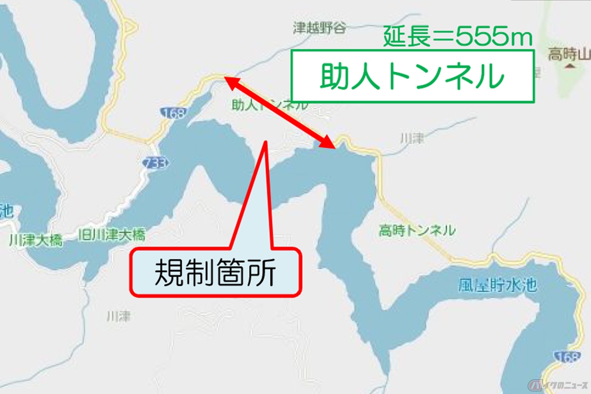 奈良県内の国道168号「助人トンネル」の位置