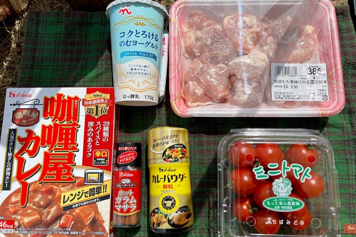 用意したのはレトルトカレー(辛口)、風味を加えるためのカレースパイス、ホットガラムマサラ、若鶏もも肉、飲むヨーグルト(プレーン)、ミニトマトなど。全てスーパーで簡単に入手できる