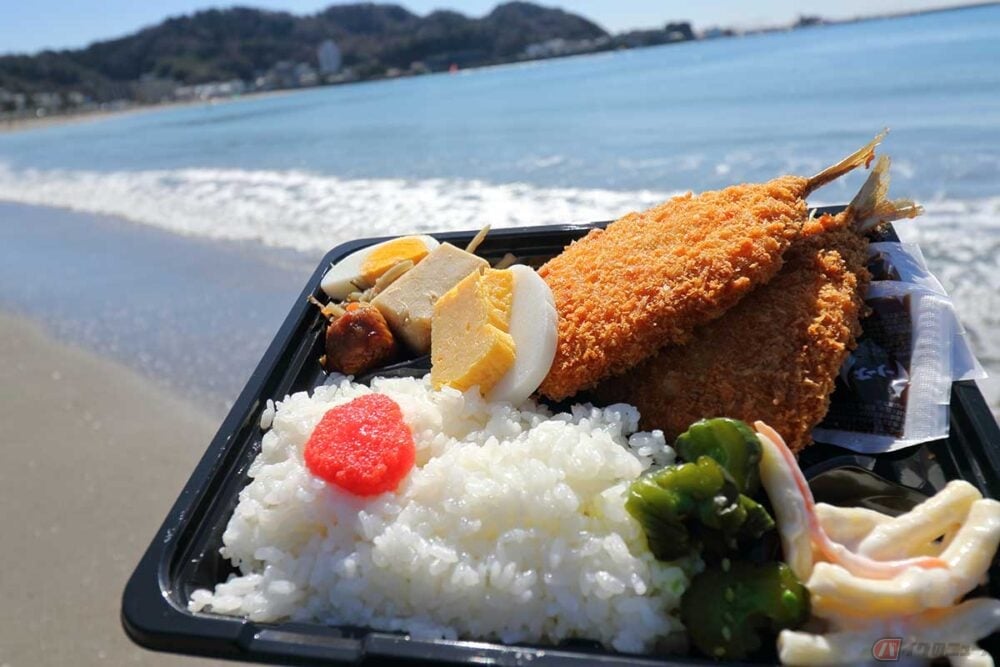 逗子海岸で「うおへい商店」の「アジフライダブル弁当」を食べる筆者。トンビに襲われることもあるので注意