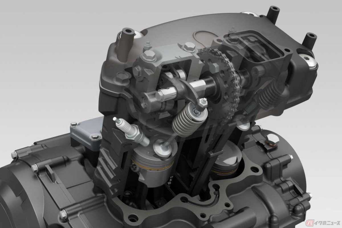 スズキ「Vストローム250」の2気筒エンジンは1気筒当たり2バルブ。画像手前に見えるのが排気バルブで、奥に吸気バルブが隠れている