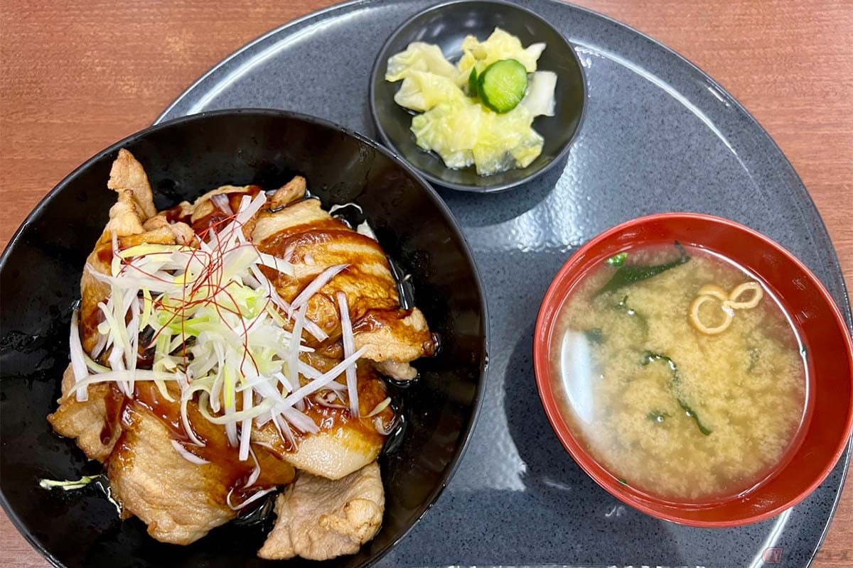 関越道「高坂SA」(下り)の見た目にも美しい「豚丼」(950円)。タレで照らされた豚肉は味もなかなかのクオリティ