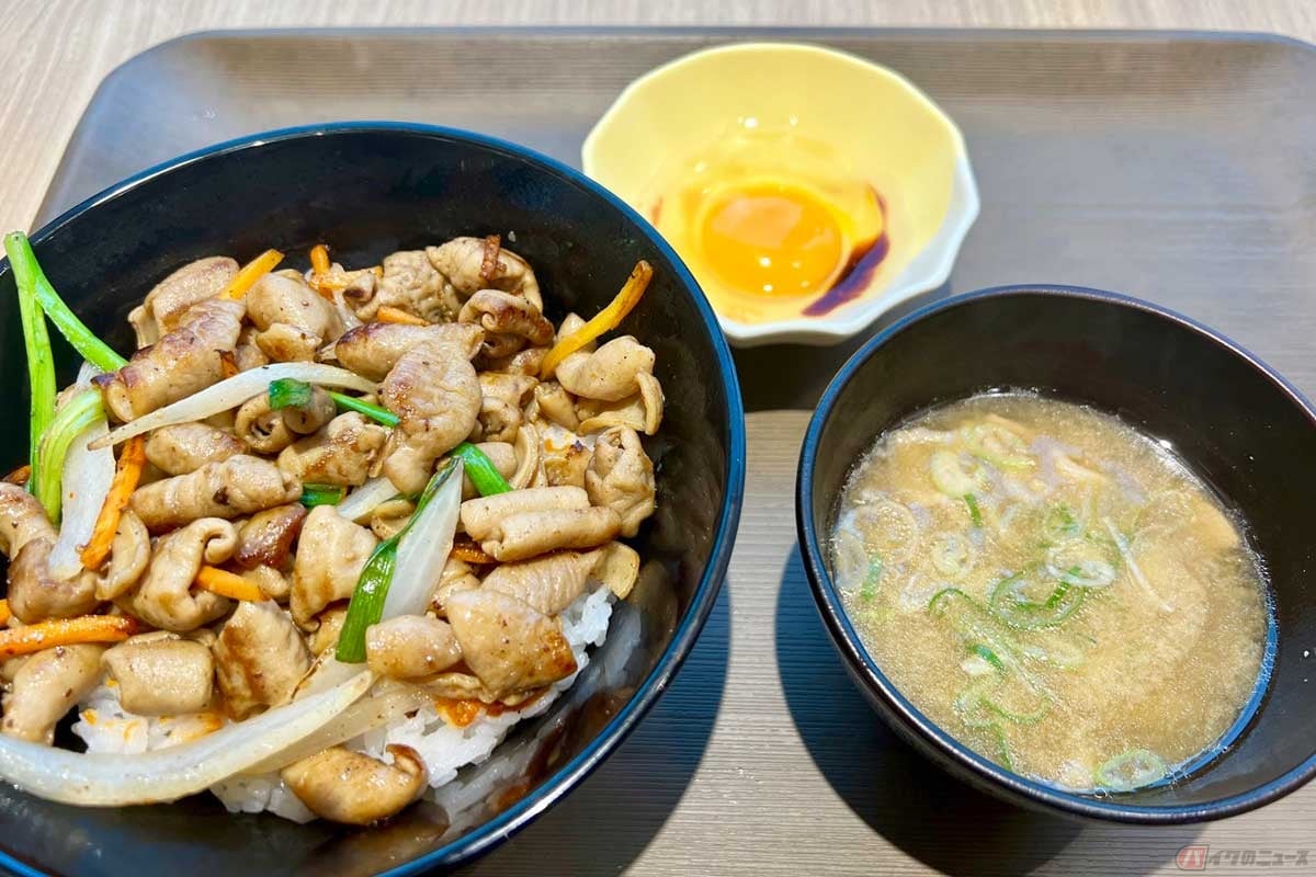 「スタミナもつ焼き丼」(700円)はおしゃれ感が増した施設からは想像できないガテン系のPA飯。その味は満足度高し! 「生たまご」(50円)も追加オーダー