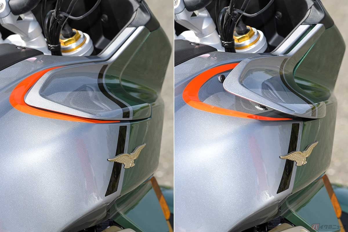 状況やライディングモードに応じて、ガソリンタンク左右のディフレクターが自動で開閉する、モーターサイクルとしては世界初の「アダプティブ・エアロダイナミクス」を採用(写真左:閉じた状態/写真右:開いた状態)