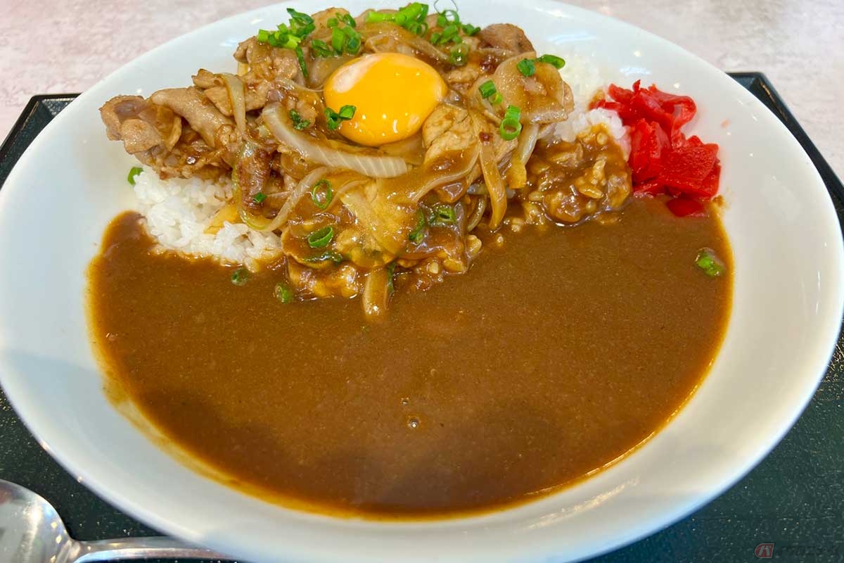 関越道「三芳PA」（下り）の「彩の黒豚焼肉カレー」は、ニンニクが効いた豚の焼肉と玉子がよく合う。ややB級グルメっぽさもある
