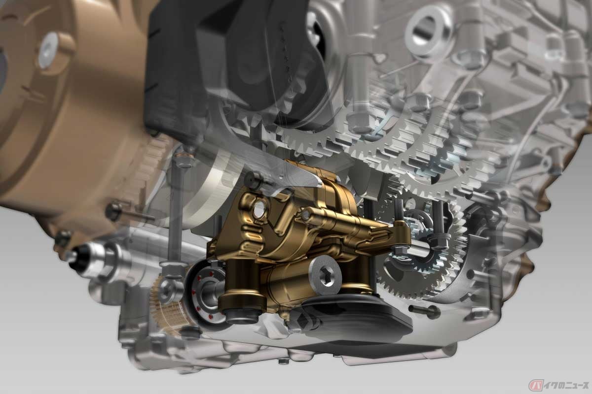 ホンダ「アフリカツイン」、「レブル1100」、「NT1100」、「ホーク11」などに搭載される2気筒エンジは「クランクケース内蔵オイルタンク式ドライサンプ構造」を採用