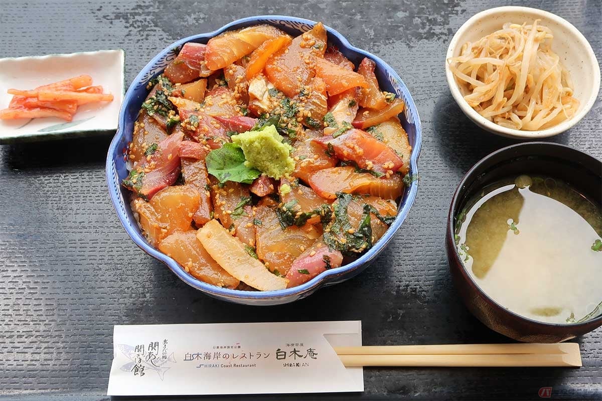 「りゅうきゅう丼」（1100円）は、アジ、サバ、ブリ、鯛などを醤油、みりんなどの調味料に胡麻、紫蘇を和えた大分の郷土料理「りゅうきゅう」を丼にしたもの