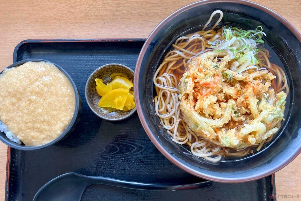 「かき揚げ天そばとろろご飯セット」(900円)は、ご飯を覆い隠すほどのとろろに感激。程よいボリュームのかき揚げが良いアクセントになっている