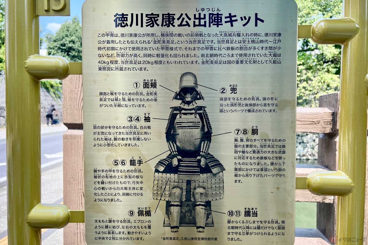 家康が「大高城兵糧入れ」の際に着用していた「金陀美具足(きんだみぐそく)」の解説。パーツごとの説明もじつに興味深い。ちなみに本物は国の重要文化財として「久能山東照宮」に所蔵されている