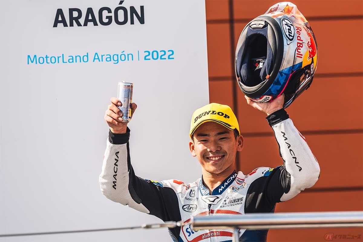 ハスクバーナを駆り、Moto3クラスに参戦する佐々木歩夢選手（ステリルガルダ・マックス・レーシング・チーム）。第15戦アラゴンGPで2位表彰台を獲得した